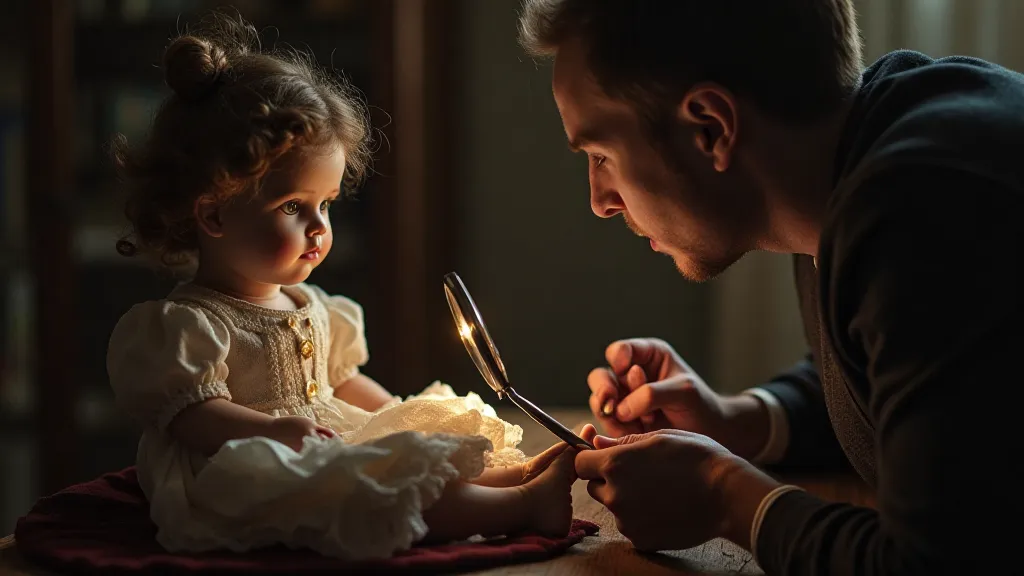 Antique doll collector examining a doll with a magnifying glass