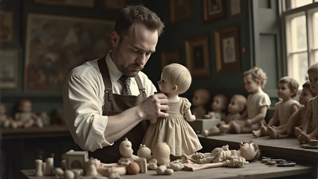 Antique doll repair workshop scene