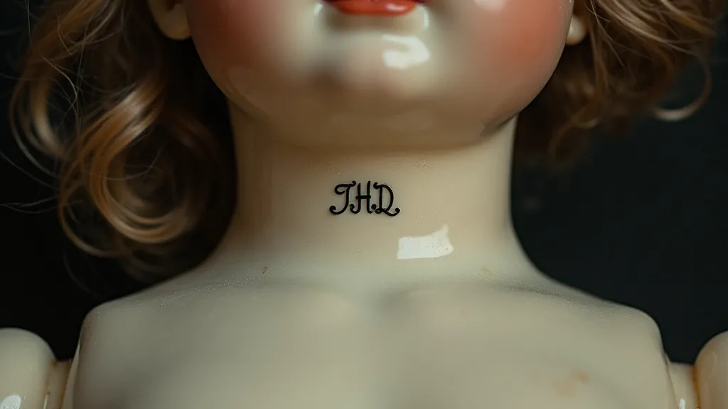 Close-up of a vintage doll marking