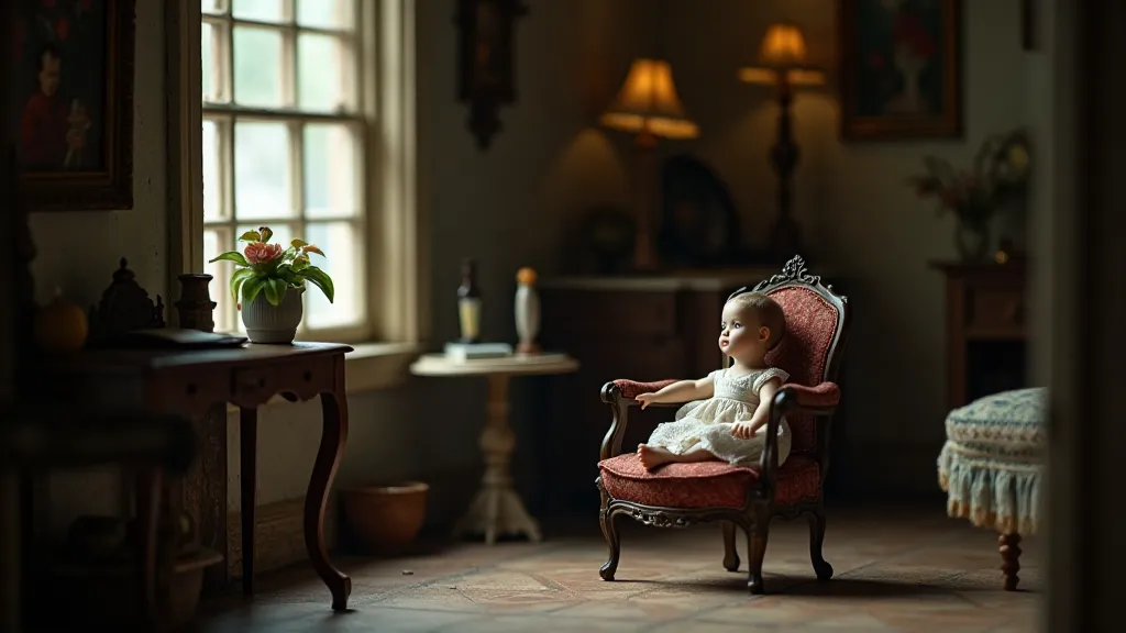Antique dollhouse interior with a porcelain doll